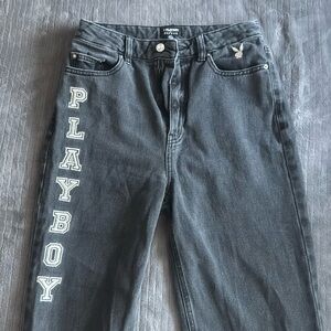 high rise black playboy jeans with bell bottoms